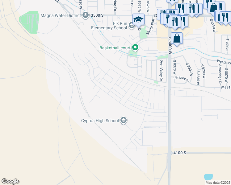 map of restaurants, bars, coffee shops, grocery stores, and more near 8715 West Addie Drive in Magna