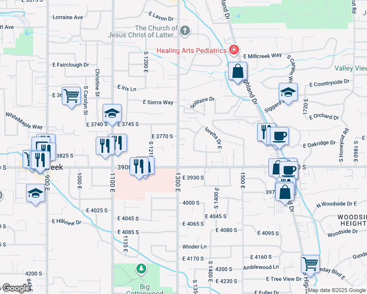map of restaurants, bars, coffee shops, grocery stores, and more near 3779 1300 East in Millcreek