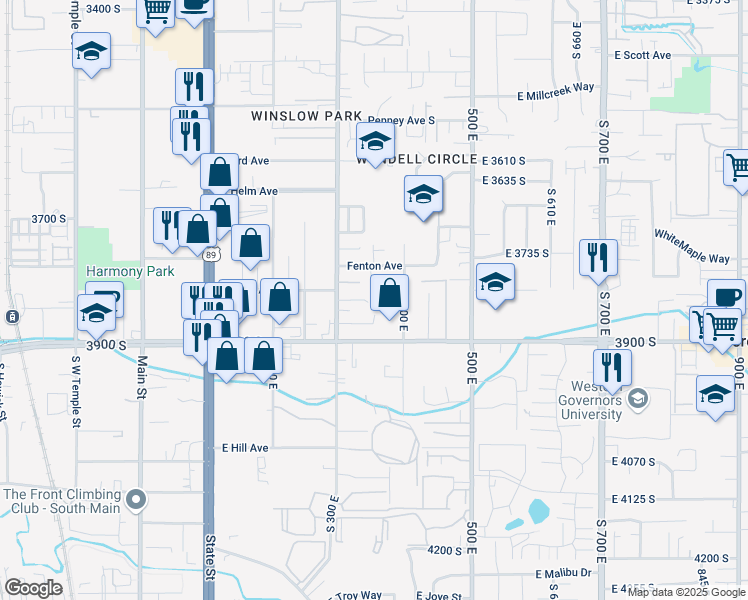 map of restaurants, bars, coffee shops, grocery stores, and more near 3780 South 400 East in South Salt Lake