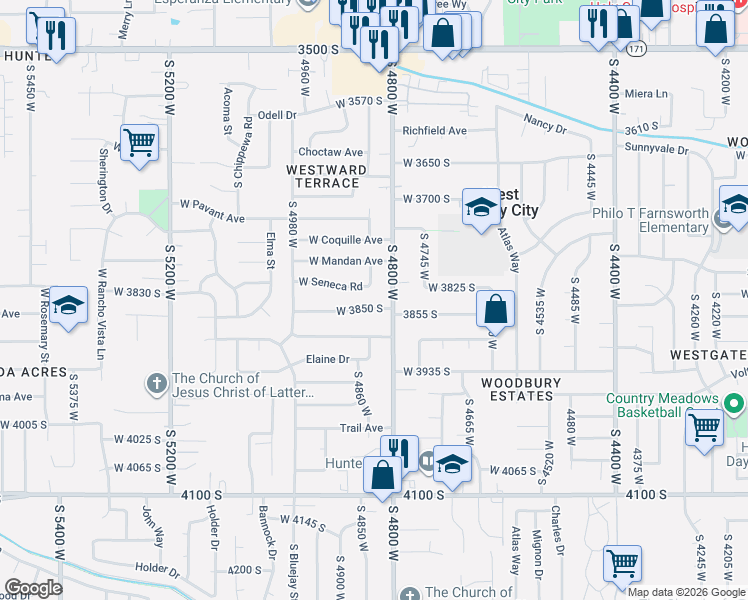 map of restaurants, bars, coffee shops, grocery stores, and more near 3815 4850 West in West Valley City