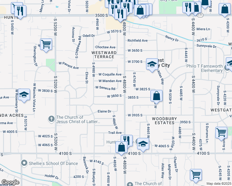 map of restaurants, bars, coffee shops, grocery stores, and more near 3815 4850 West in West Valley City