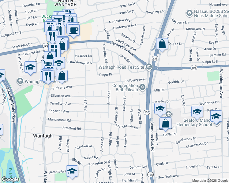 map of restaurants, bars, coffee shops, grocery stores, and more near 3606 Lufberry Avenue in Wantagh