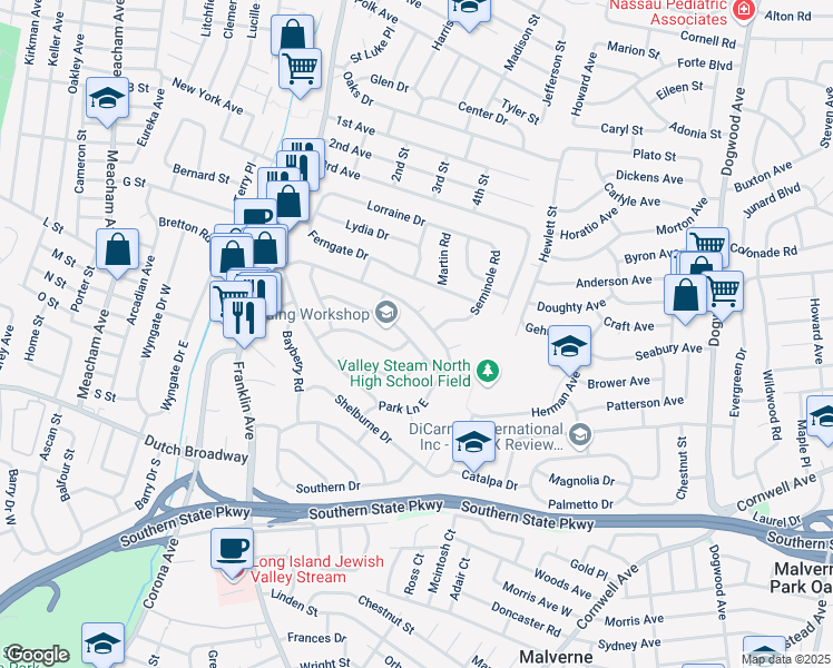 map of restaurants, bars, coffee shops, grocery stores, and more near 1009 Park Lane North in Franklin Square