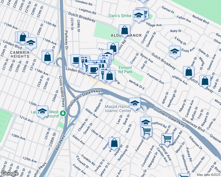map of restaurants, bars, coffee shops, grocery stores, and more near 2066 Linden Boulevard in Elmont