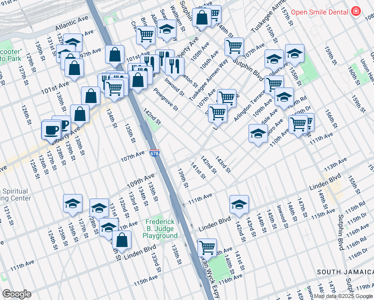 map of restaurants, bars, coffee shops, grocery stores, and more near 107-39 142nd Street in Queens