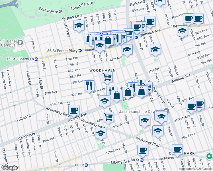 map of restaurants, bars, coffee shops, grocery stores, and more near 89-27 87th Street in Queens