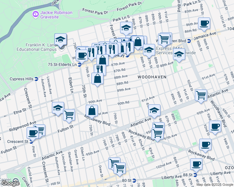map of restaurants, bars, coffee shops, grocery stores, and more near 88-38 80th Street in Queens