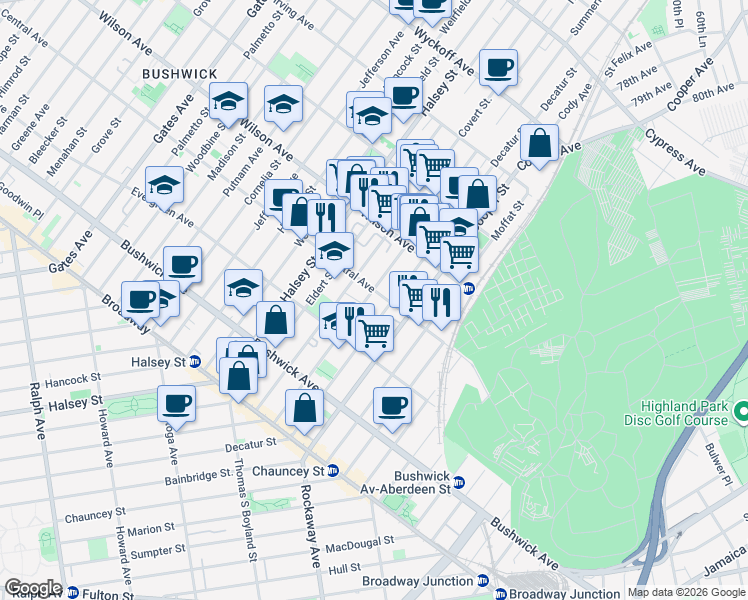 map of restaurants, bars, coffee shops, grocery stores, and more near 168 Schaefer Street in Brooklyn