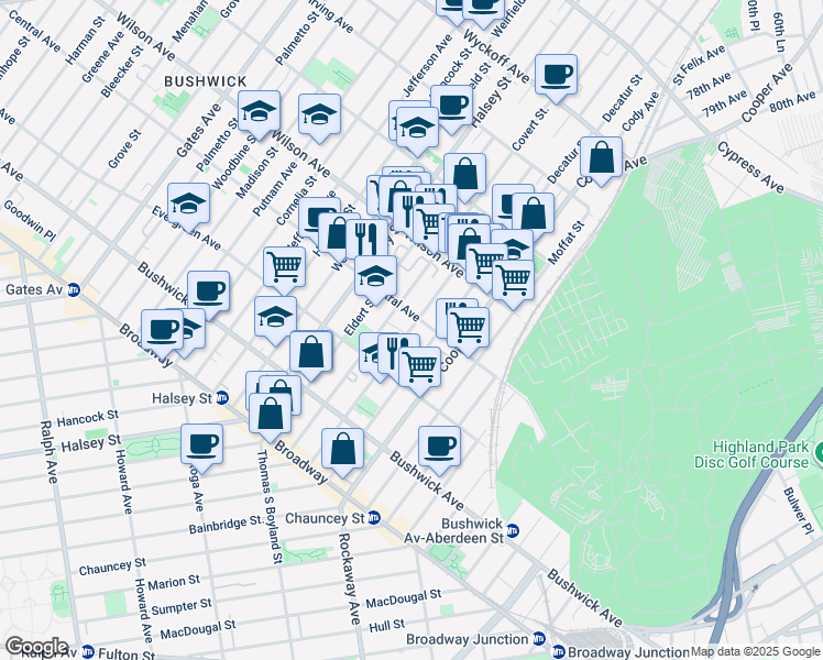 map of restaurants, bars, coffee shops, grocery stores, and more near 600 Central Avenue in Brooklyn