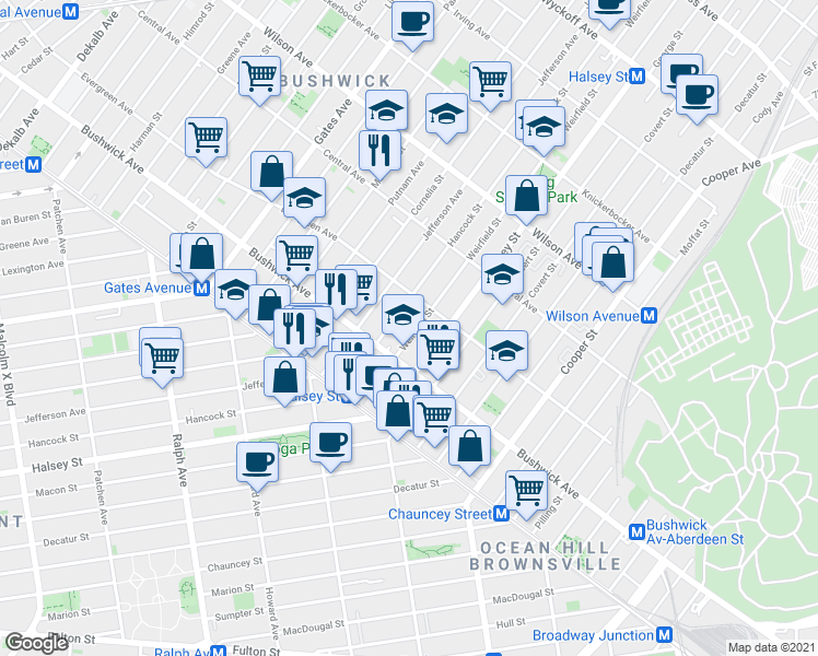 map of restaurants, bars, coffee shops, grocery stores, and more near 1088 Hancock Street in Brooklyn