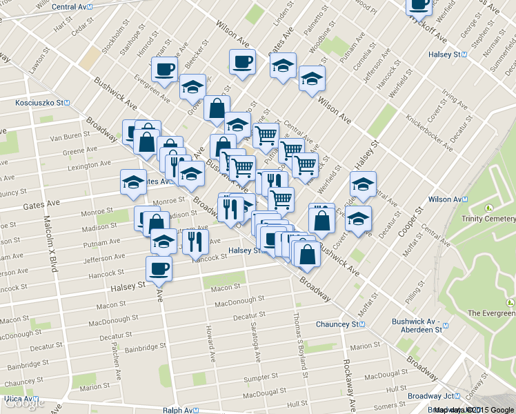 map of restaurants, bars, coffee shops, grocery stores, and more near in Brooklyn