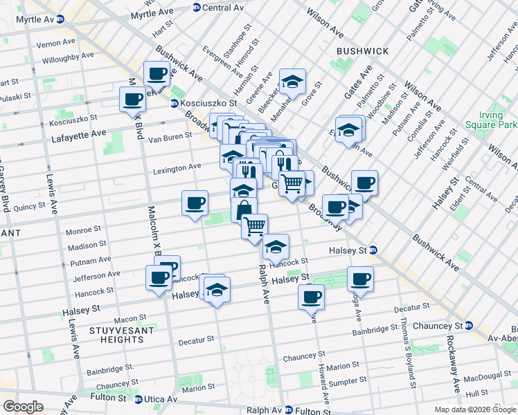 map of restaurants, bars, coffee shops, grocery stores, and more near 1010-1012 Gates Avenue in Brooklyn
