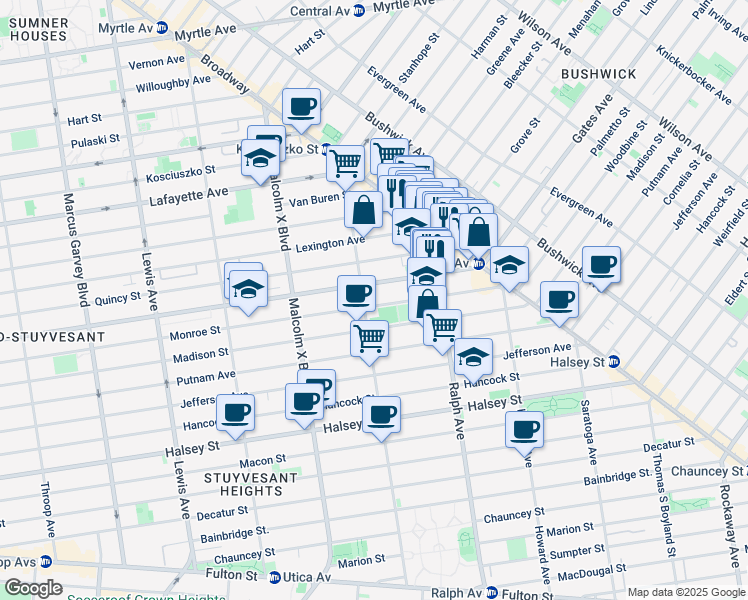 map of restaurants, bars, coffee shops, grocery stores, and more near 950 Gates Avenue in Brooklyn