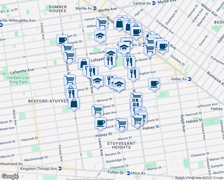 map of restaurants, bars, coffee shops, grocery stores, and more near 639 Quincy Street in Brooklyn