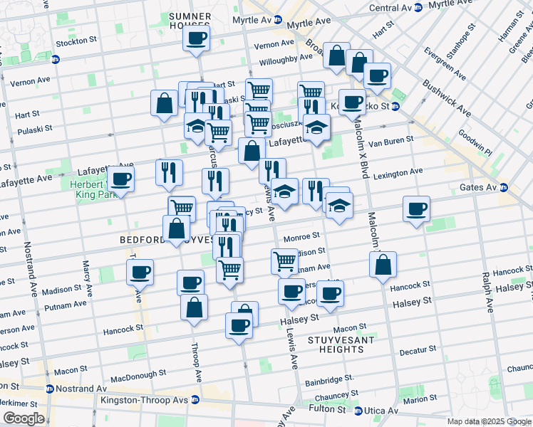 map of restaurants, bars, coffee shops, grocery stores, and more near 218 Lewis Avenue in Brooklyn
