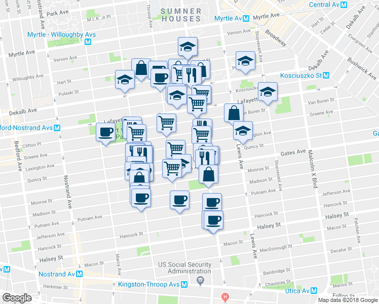 map of restaurants, bars, coffee shops, grocery stores, and more near 519 Lexington Avenue in Brooklyn