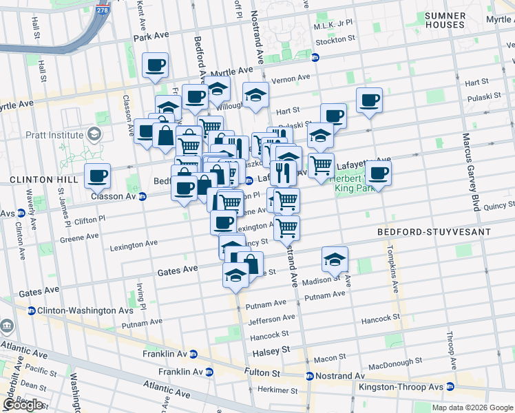 map of restaurants, bars, coffee shops, grocery stores, and more near 265 Clifton Place in Brooklyn