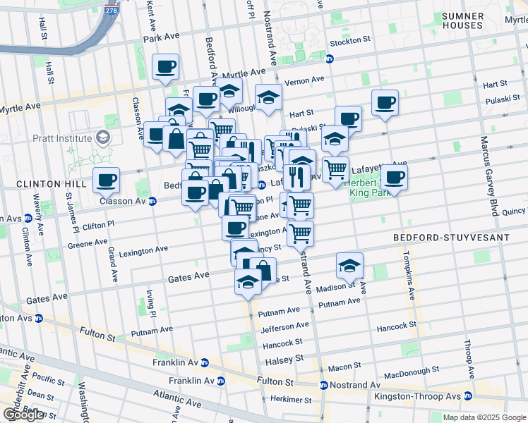 map of restaurants, bars, coffee shops, grocery stores, and more near 265 Clifton Place in Brooklyn