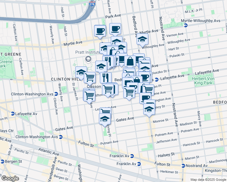 map of restaurants, bars, coffee shops, grocery stores, and more near 404 Lafayette Avenue in Brooklyn