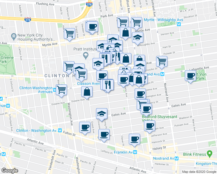 map of restaurants, bars, coffee shops, grocery stores, and more near 404 Lafayette Avenue in Brooklyn
