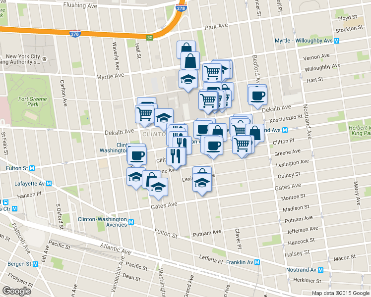 map of restaurants, bars, coffee shops, grocery stores, and more near 333 Lafayette Avenue in Brooklyn