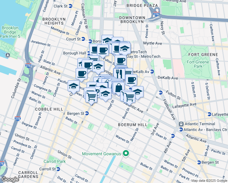 map of restaurants, bars, coffee shops, grocery stores, and more near 285 State Street in Brooklyn