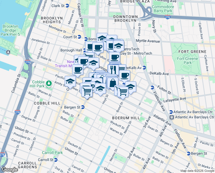map of restaurants, bars, coffee shops, grocery stores, and more near 285 State Street in Brooklyn