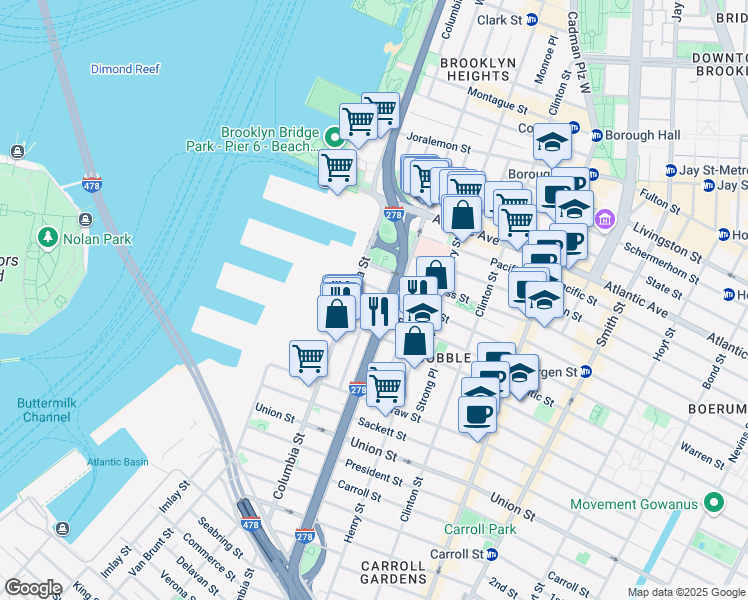 map of restaurants, bars, coffee shops, grocery stores, and more near 94 Congress Street in Brooklyn