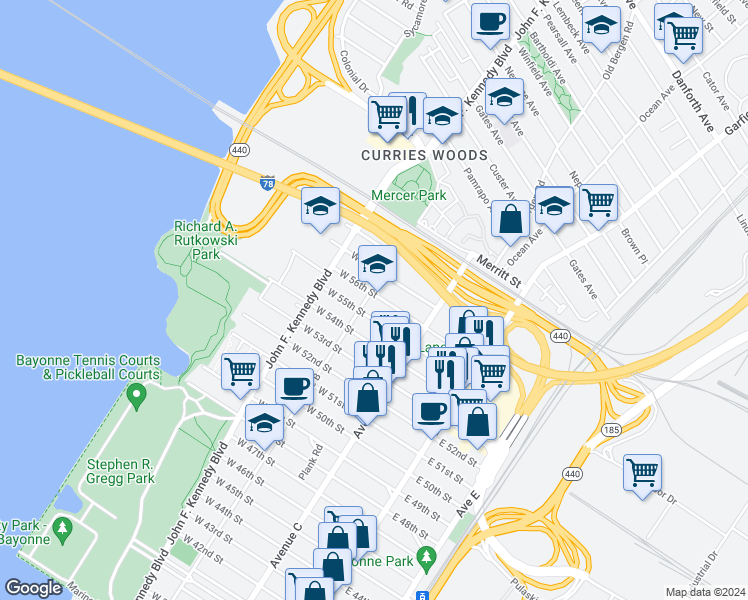 map of restaurants, bars, coffee shops, grocery stores, and more near 123 West 56th Street in Bayonne