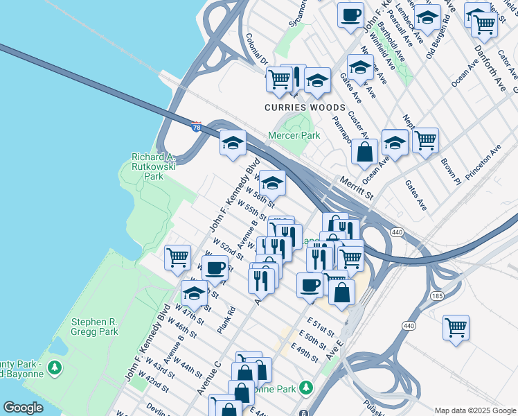 map of restaurants, bars, coffee shops, grocery stores, and more near 123 West 56th Street in Bayonne