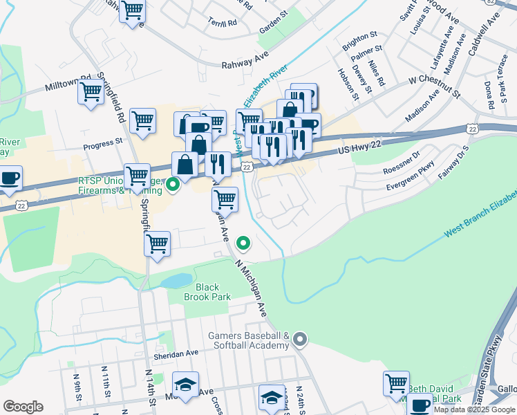 map of restaurants, bars, coffee shops, grocery stores, and more near 2340 U.S. 22 in Union