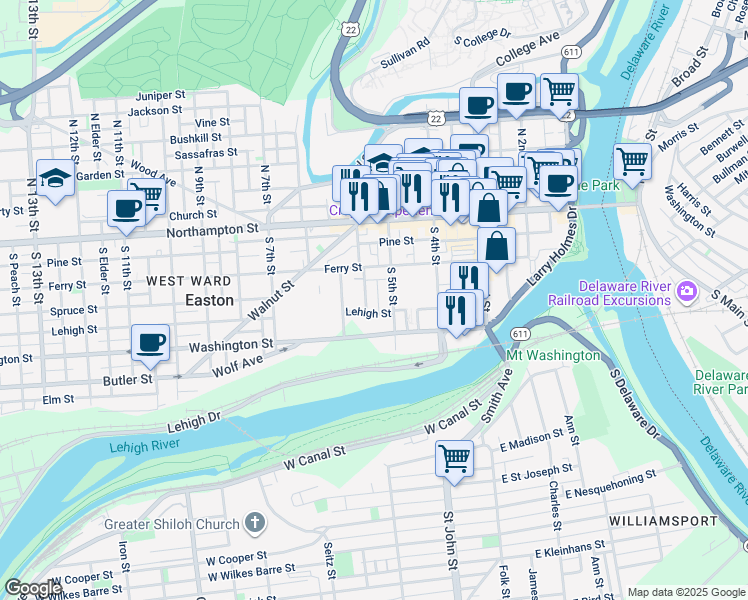 map of restaurants, bars, coffee shops, grocery stores, and more near 121 South 5th Street in Easton