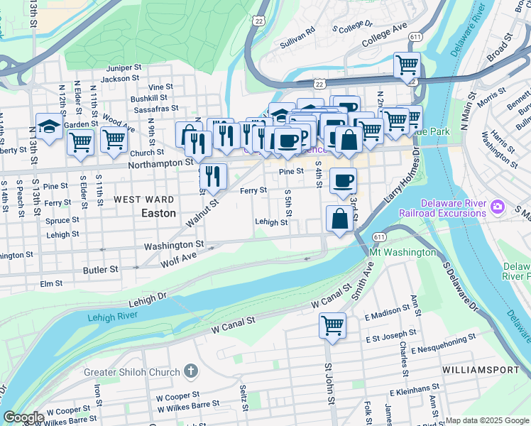 map of restaurants, bars, coffee shops, grocery stores, and more near 123 South 6th Street in Easton