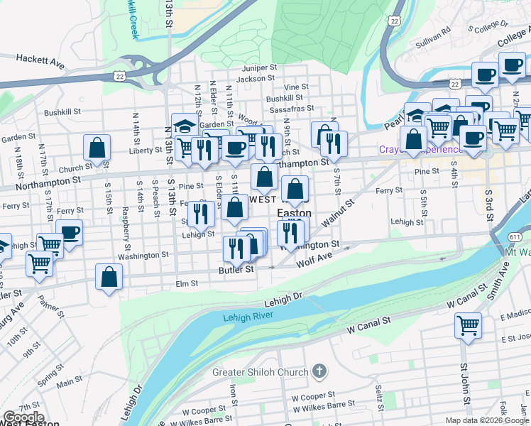 map of restaurants, bars, coffee shops, grocery stores, and more near in Easton