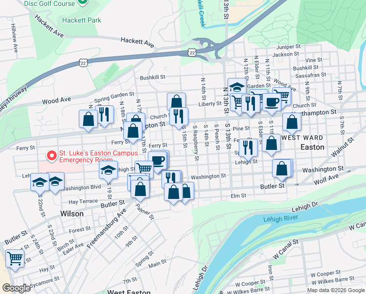 map of restaurants, bars, coffee shops, grocery stores, and more near 1563 Ferry Street in Easton