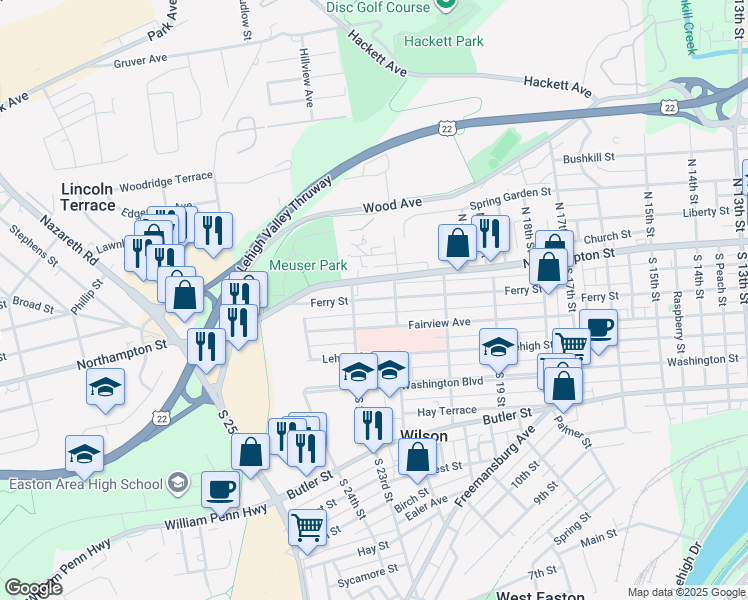 map of restaurants, bars, coffee shops, grocery stores, and more near 2131 Northampton Street in Easton