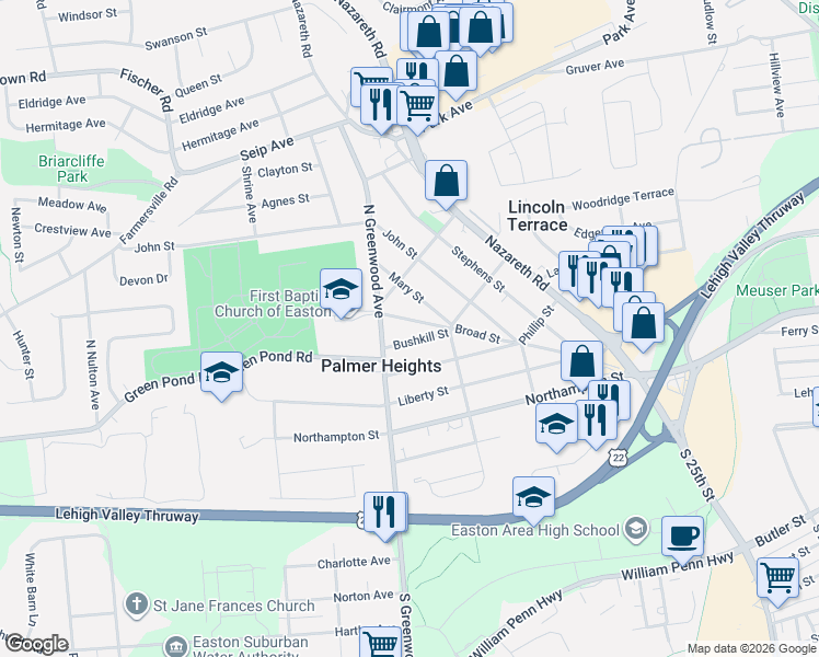 map of restaurants, bars, coffee shops, grocery stores, and more near 2707 Broad Street in Easton