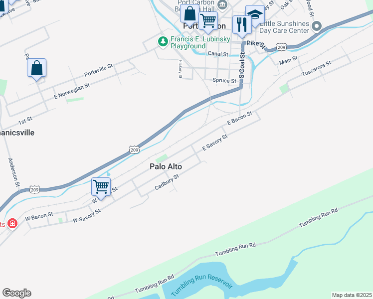 map of restaurants, bars, coffee shops, grocery stores, and more near 203 East Bacon Street in Pottsville