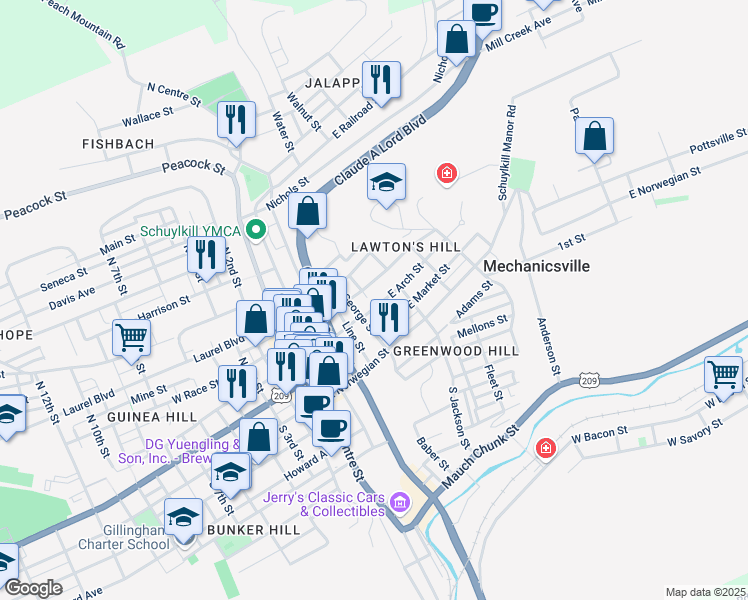 map of restaurants, bars, coffee shops, grocery stores, and more near 418 East Arch Street in Pottsville