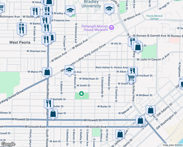 map of restaurants, bars, coffee shops, grocery stores, and more near 101-111 North DuSable Street in Peoria