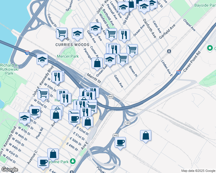 map of restaurants, bars, coffee shops, grocery stores, and more near 10 Catherine Court in Jersey City