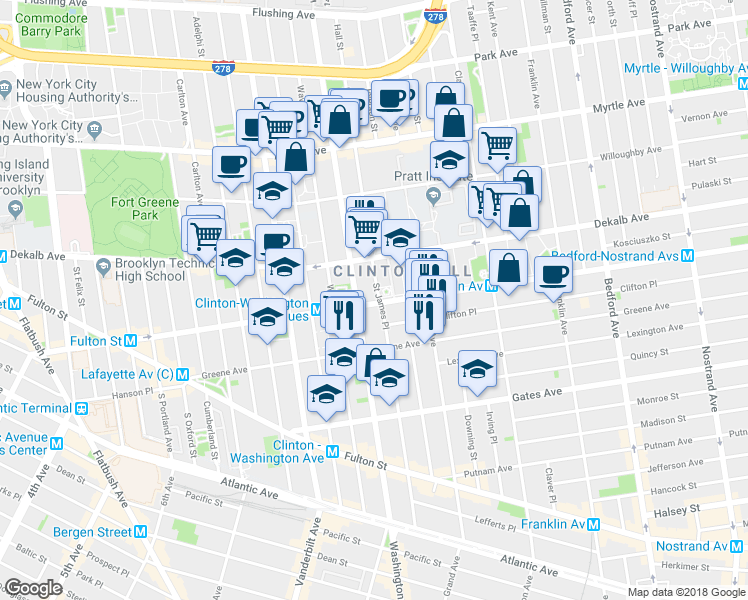 map of restaurants, bars, coffee shops, grocery stores, and more near 279 Lafayette Avenue in Brooklyn