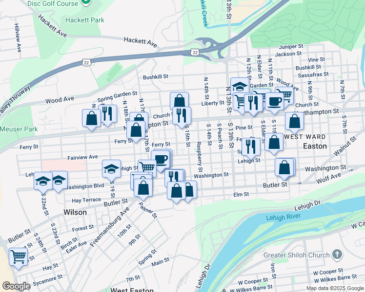 map of restaurants, bars, coffee shops, grocery stores, and more near 1510 Ferry Street in Easton