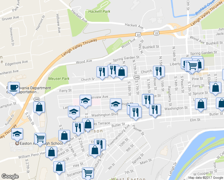 map of restaurants, bars, coffee shops, grocery stores, and more near 1906 Ferry Street in Easton