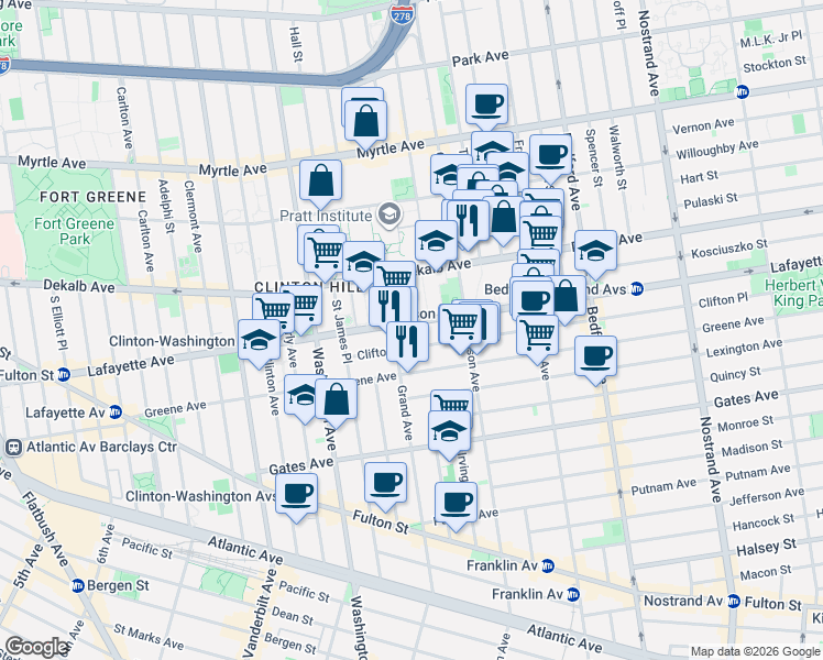 map of restaurants, bars, coffee shops, grocery stores, and more near 333 Lafayette Avenue in Brooklyn