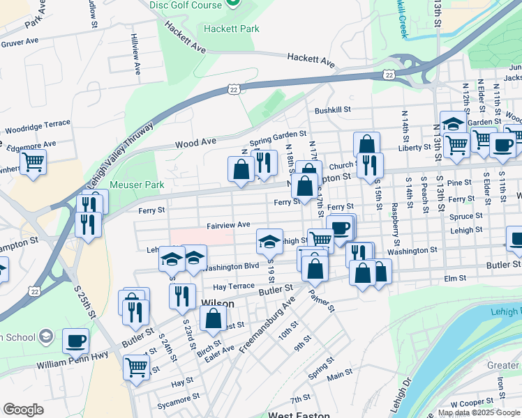 map of restaurants, bars, coffee shops, grocery stores, and more near 1906 Ferry Street in Easton