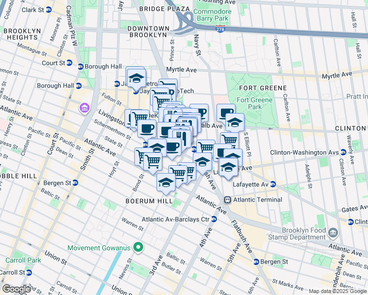 map of restaurants, bars, coffee shops, grocery stores, and more near 532 Fulton Street in Brooklyn