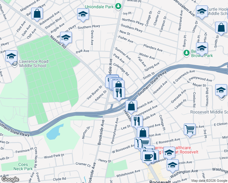 map of restaurants, bars, coffee shops, grocery stores, and more near 991 Uniondale Avenue in Uniondale