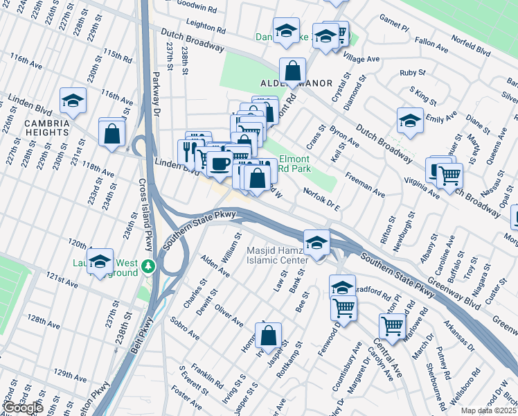 map of restaurants, bars, coffee shops, grocery stores, and more near 2066 Linden Boulevard in Elmont