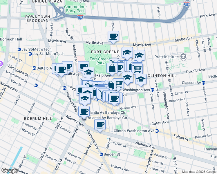 map of restaurants, bars, coffee shops, grocery stores, and more near 42 South Oxford Street in Brooklyn